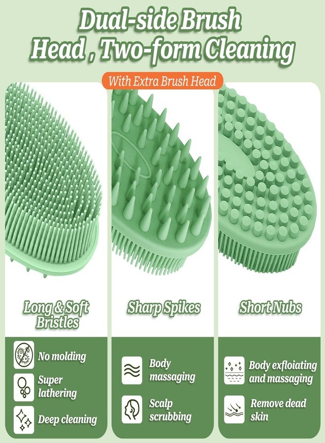 GEENOA Silicone Back Washer for Shower, Gentle Exfoliating Body & Back Scrubber with Handle, Silicone Loofah with Two Dual-Side & Replaceable Brush Heads(Green-Two Heads) - Image 4