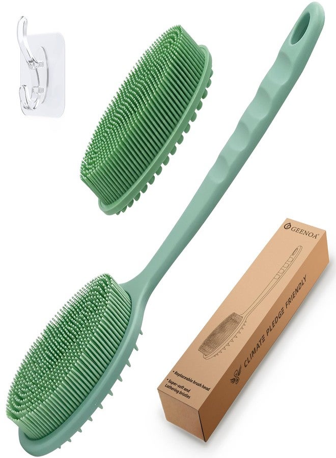 GEENOA Silicone Back Washer for Shower, Gentle Exfoliating Body & Back Scrubber with Handle, Silicone Loofah with Two Dual-Side & Replaceable Brush Heads(Green-Two Heads) - Image 1