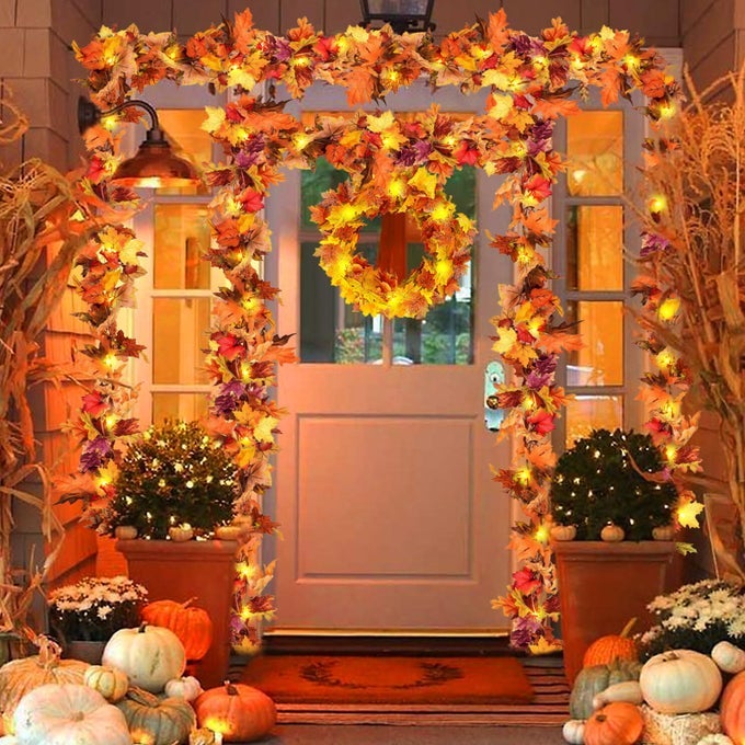 2 Pack Artificial Maple Leaves Garland 59Ft Autumn Garland With 40 LED String Lights for Halloween Indoor Outdoor Home Decorations
