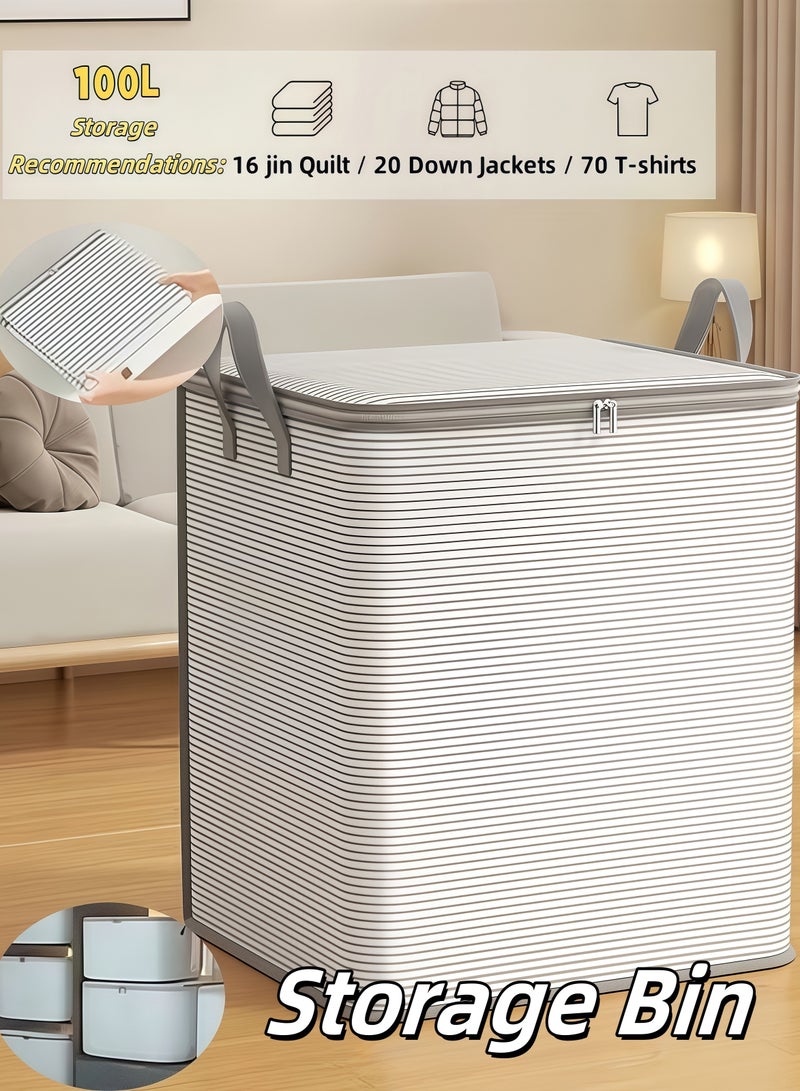 Storage box; Storage case，100L Large Storage Bags, Clothes Storage Bins,  Large Foldable Closet Storage Organizer, Thickened Storage Containers with Durable Handle/Zipper for Clothing, Blanket Comforters Bed Sheets Pillows and Toys (Grey) - Image 1