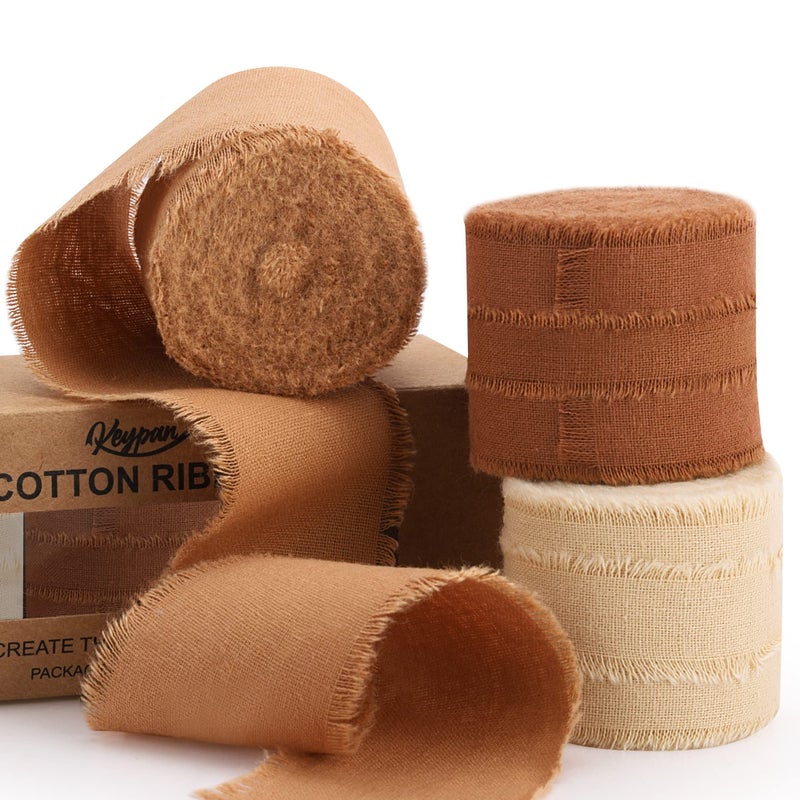 Keypan Fall Ribbon Brown 112 x 15 Yards Handmade Cotton Frayed Fringe Fabric Ribbons for Crafts Flower Bouquets Wedding Baby Shower Home DIY Decor