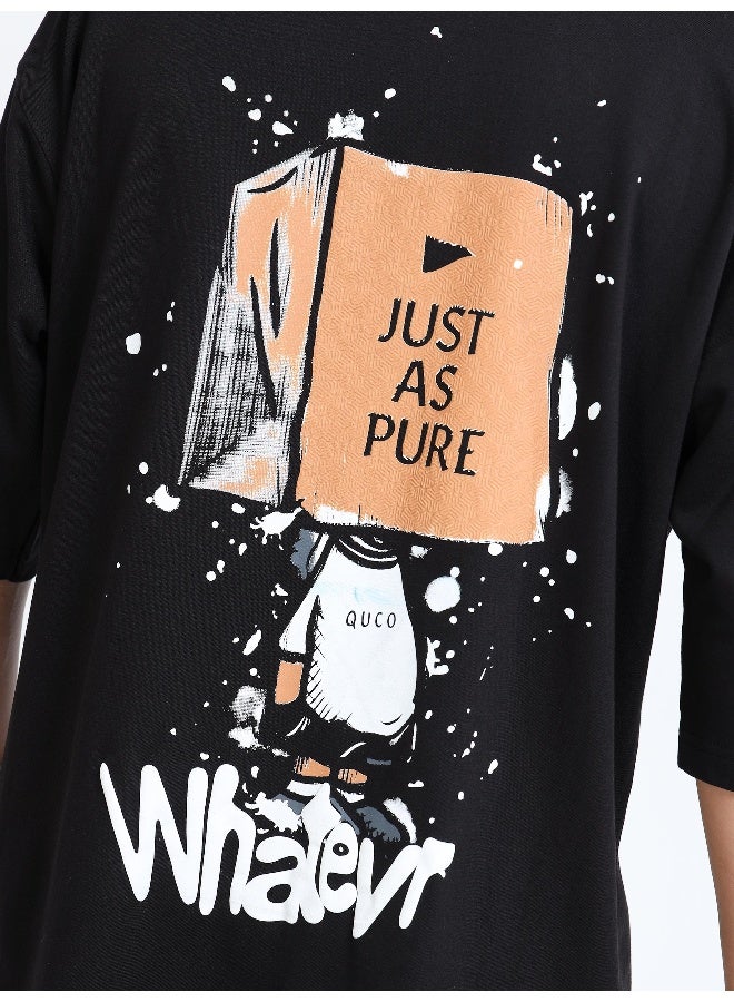 QUCO Black Oversized Printed T-Shirt for Men - Image 3