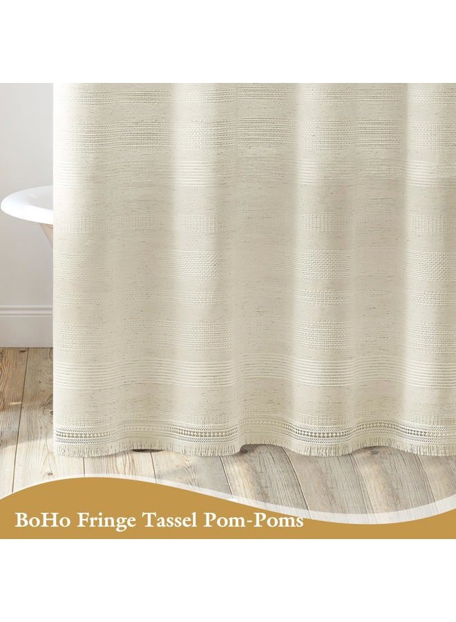 Craidlela Boho Farmhouse Shower Curtain Set with Tassel, Modern Bohemian French Country Chic Bathroom Shower Curtain Set, Linen Striped Textured Shower Curtain 72x72 - Beige/Cream - Image 5