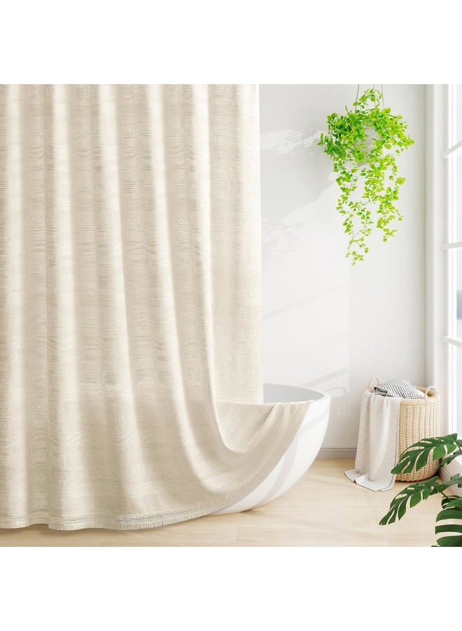 Craidlela Boho Farmhouse Shower Curtain Set with Tassel, Modern Bohemian French Country Chic Bathroom Shower Curtain Set, Linen Striped Textured Shower Curtain 72x72 - Beige/Cream - Image 1