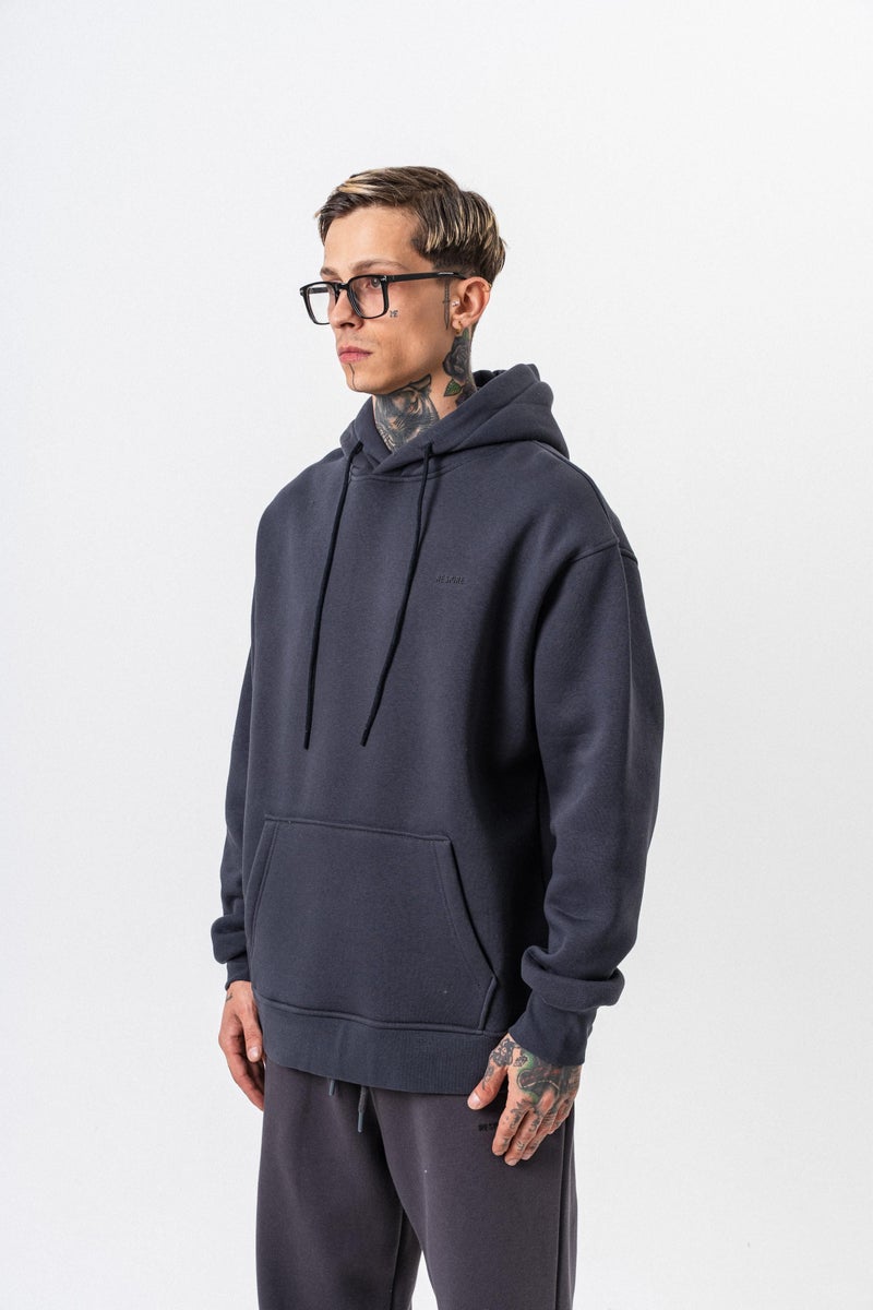 ريسباير هودي رجالي أساسي واسع (Oversize) بغطاء رأس بتفاصيل نص "Respire" لون رمادي داكن (Füme) - Image 2