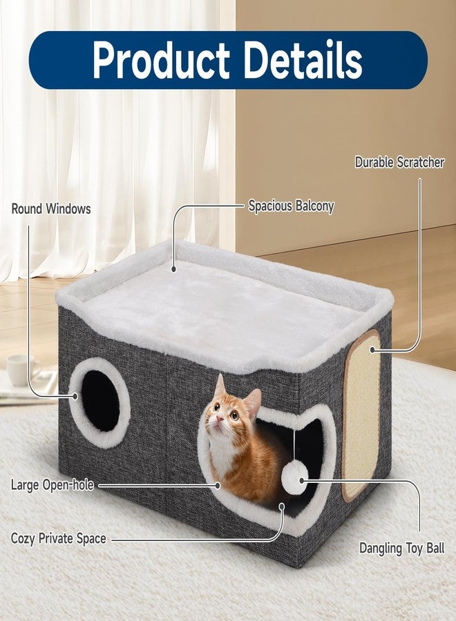 Shikha Cat Beds for Indoor Cats, Extra Wide Cat Cube House for Multi Cats, Foldable Cat Cave Hideaway with Arc-Edge Design & Oval Door, Reversible Cushion for All Seasons, 24"L x 17.7"D x 12.6"H, Grey - Image 3