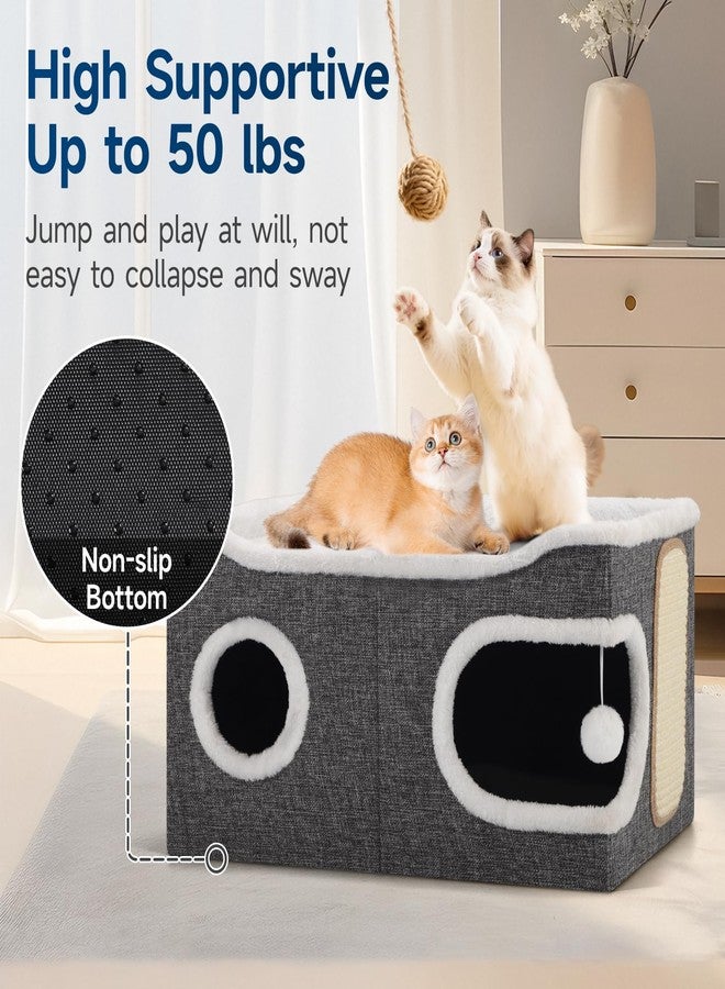 Shikha Cat Beds for Indoor Cats, Extra Wide Cat Cube House for Multi Cats, Foldable Cat Cave Hideaway with Arc-Edge Design & Oval Door, Reversible Cushion for All Seasons, 24"L x 17.7"D x 12.6"H, Grey - Image 4