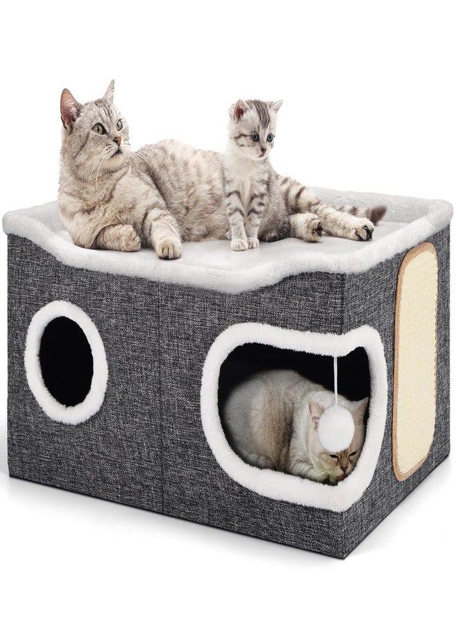 Shikha Cat Beds for Indoor Cats, Extra Wide Cat Cube House for Multi Cats, Foldable Cat Cave Hideaway with Arc-Edge Design & Oval Door, Reversible Cushion for All Seasons, 24"L x 17.7"D x 12.6"H, Grey - Image 1