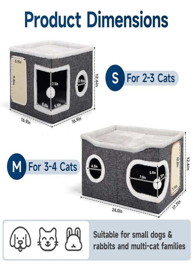 Shikha Cat Beds for Indoor Cats, Extra Wide Cat Cube House for Multi Cats, Foldable Cat Cave Hideaway with Arc-Edge Design & Oval Door, Reversible Cushion for All Seasons, 24"L x 17.7"D x 12.6"H, Grey - Image 2