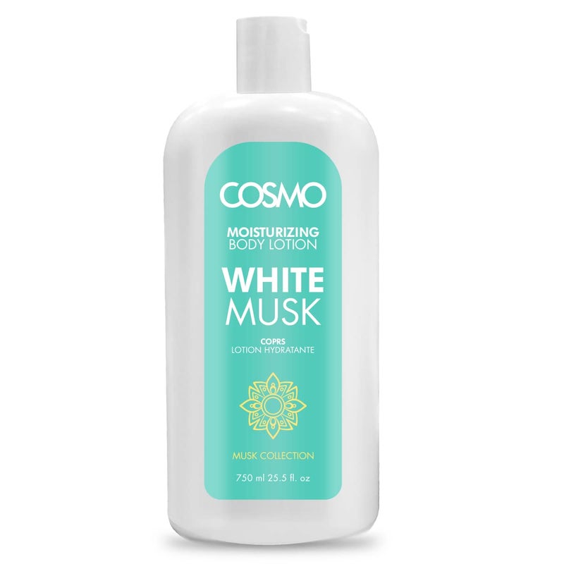 COSMO لوشن مرطب للجسم كوزمو مسك أبيض 750 مل للرجال والنساء، لوشن لجميع أنواع البشرة، العناية بالبشرة، الحمام والجسم، لوشن لليدين والوجه والجسم