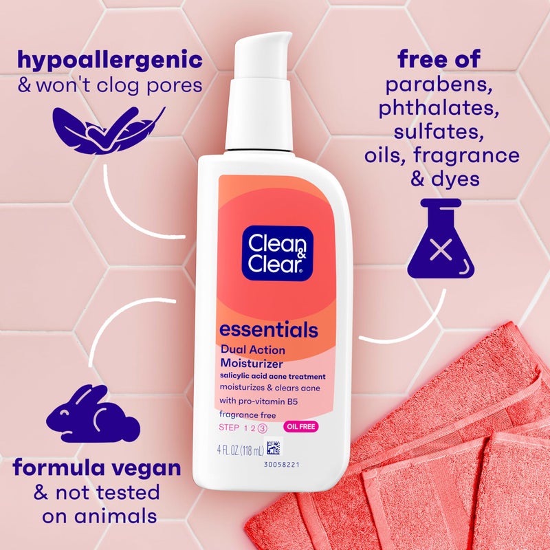 Clean & Clear Essentials Dual Action Oil-Free Facial Moisturizer, Salicylic Acid Acne Treatment with Pro-Vitamin B5 Moisturizes While Treating Acne & Helping to Prevent Pimples, 4 fl. oz, 3 Pack - Image 3