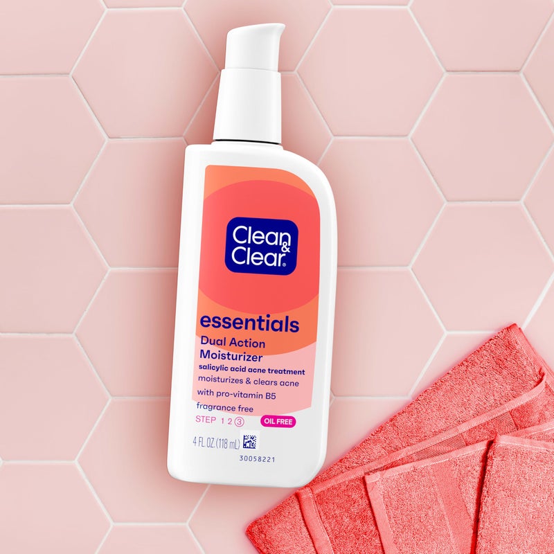 Clean & Clear Essentials Dual Action Oil-Free Facial Moisturizer, Salicylic Acid Acne Treatment with Pro-Vitamin B5 Moisturizes While Treating Acne & Helping to Prevent Pimples, 4 fl. oz, 3 Pack - Image 4