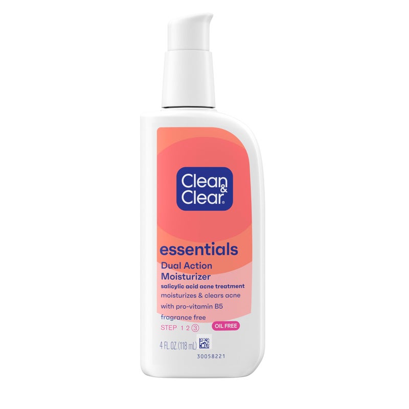 Clean & Clear Essentials Dual Action Oil-Free Facial Moisturizer, Salicylic Acid Acne Treatment with Pro-Vitamin B5 Moisturizes While Treating Acne & Helping to Prevent Pimples, 4 fl. oz, 3 Pack - Image 1