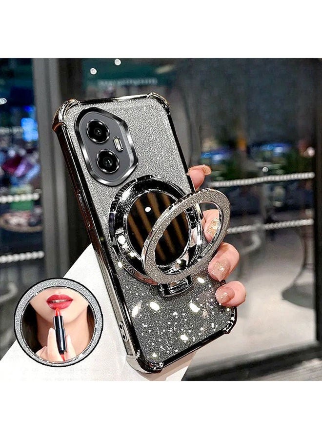 Magnetic Glitter  for Honor 400 Case，Camera Lens Protector，Sparkly Stand，Makeup Mirror，Luxury Gradient Shockproof Honor 400 Cover for Women Girls Gift， Black - Image 1