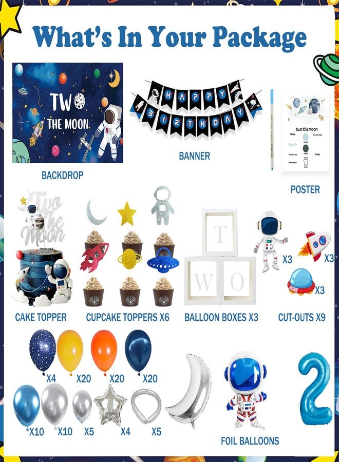 Fiesec Two the Moon Birthday Boy – 130 PCs Outer Space Second Birthday Party Supplies with Backdrop, Cake Topper, Astronaut Space Man Robot Foil Balloon, Balloon Boxes, Balloon Garland, Banner - Image 2