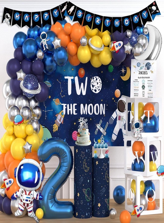 Fiesec Two the Moon Birthday Boy – 130 PCs Outer Space Second Birthday Party Supplies with Backdrop, Cake Topper, Astronaut Space Man Robot Foil Balloon, Balloon Boxes, Balloon Garland, Banner - Image 1