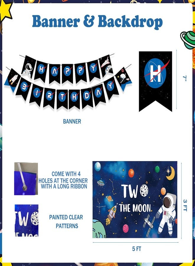 Fiesec Two the Moon Birthday Boy – 130 PCs Outer Space Second Birthday Party Supplies with Backdrop, Cake Topper, Astronaut Space Man Robot Foil Balloon, Balloon Boxes, Balloon Garland, Banner - Image 3
