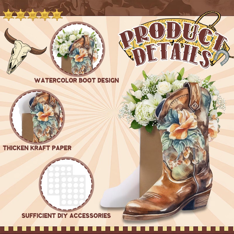 Dunzoom 12 Set Western Cowboy Boots Flower Boxes Vase Centerpieces Brown Water Color Boot Shape Gift Boxes Western Theme Party Favor for Rodeo Birthday Shower Garden Tea Party Wedding Supplies - Image 3
