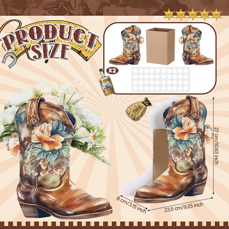 Dunzoom 12 Set Western Cowboy Boots Flower Boxes Vase Centerpieces Brown Water Color Boot Shape Gift Boxes Western Theme Party Favor for Rodeo Birthday Shower Garden Tea Party Wedding Supplies - Image 2