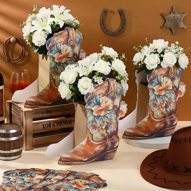 Dunzoom 12 Set Western Cowboy Boots Flower Boxes Vase Centerpieces Brown Water Color Boot Shape Gift Boxes Western Theme Party Favor for Rodeo Birthday Shower Garden Tea Party Wedding Supplies - Image 4