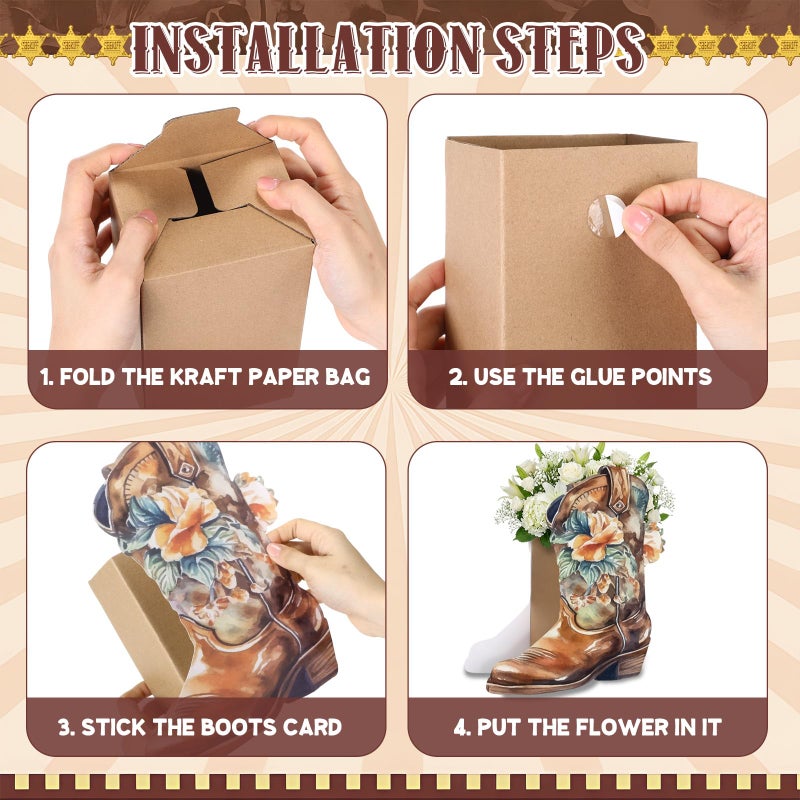 Dunzoom 12 Set Western Cowboy Boots Flower Boxes Vase Centerpieces Brown Water Color Boot Shape Gift Boxes Western Theme Party Favor for Rodeo Birthday Shower Garden Tea Party Wedding Supplies - Image 5
