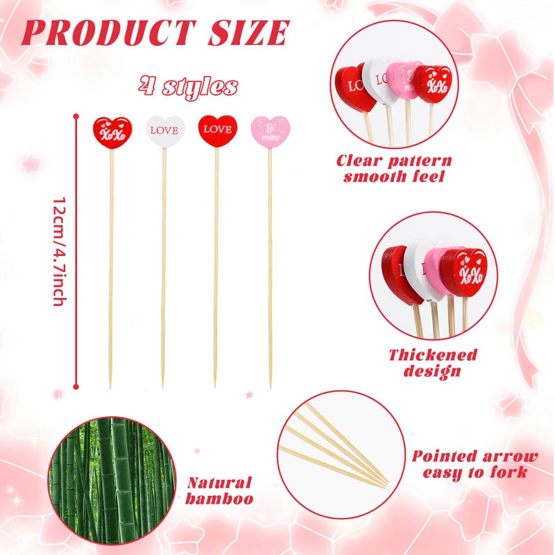 KIGEAPUEL 100 Pack Heart-Shaped Bamboo Cocktail Picks, 4.7" Valentine's Day Toothpicks for Appetizers, Bamboo Food Skewers for Valentines Wedding Decoration - Image 2