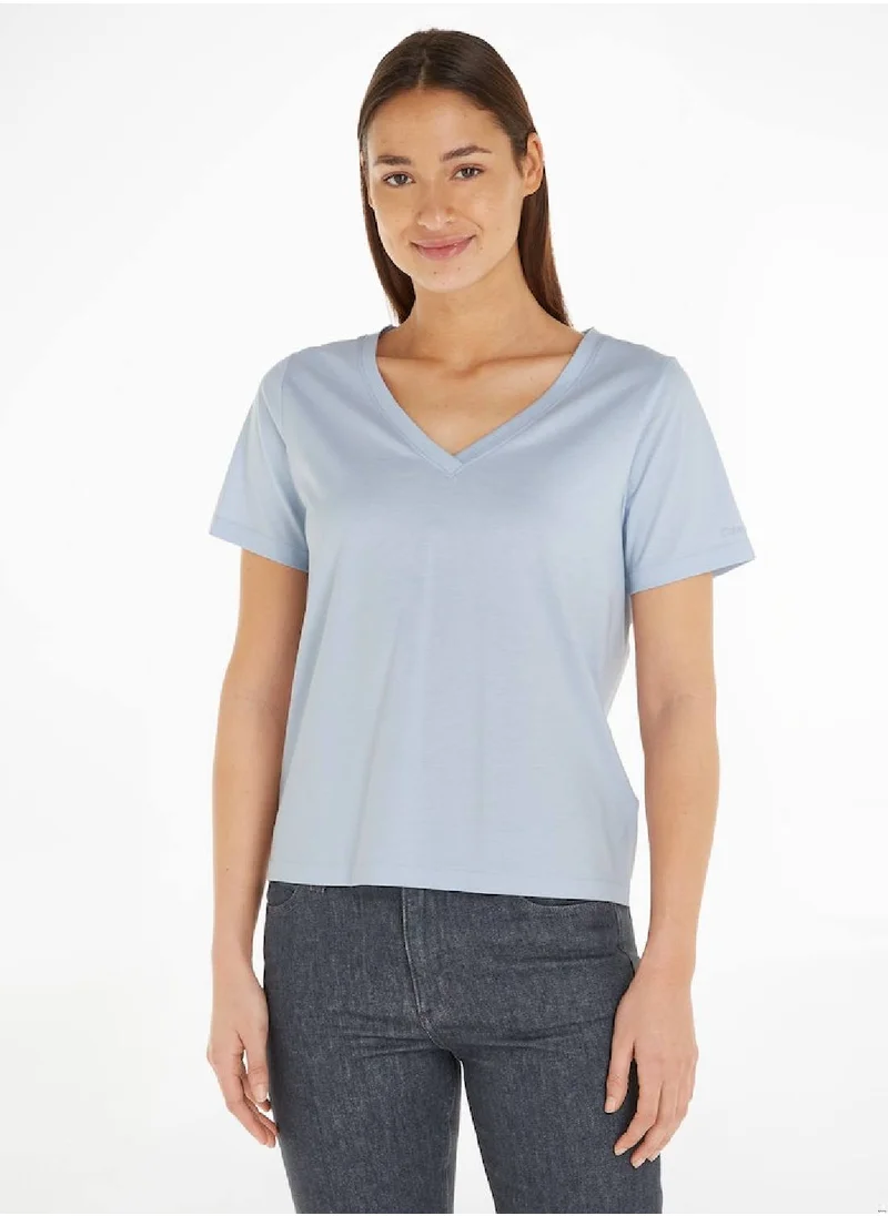 كالفن كلاين Women's V-Neck T-Shirt - Cotton, Blue