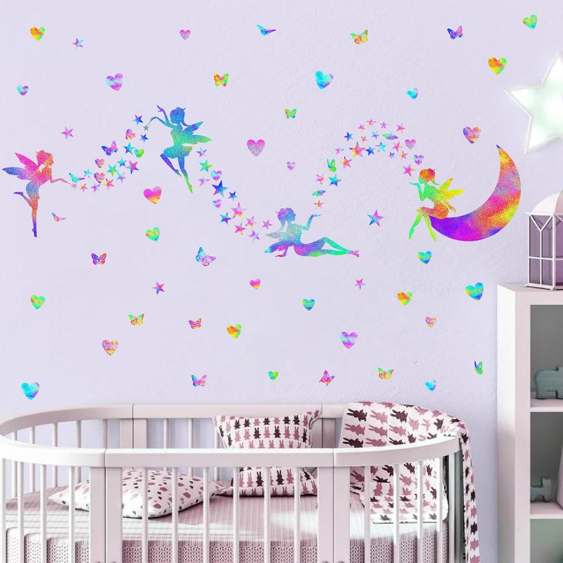 THEYGE Colorful Fairy Wall Stickers Cute Heart Butterfly Moon Star Stickers Girly Wall Decals Peel and Stick Pink Purple Fairy Wall Decals for Girls Room Bedroom Nursery Decor - Image 3
