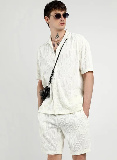 Campus Sutra Campus Sutra Men's Ivory White Self-Design Wave Co-Ord Set For Casual Wear | Cuban Collar | Short Sleeve | Button Closure | Co-Ords Crafted With Comfort Fit For Everyday Wear