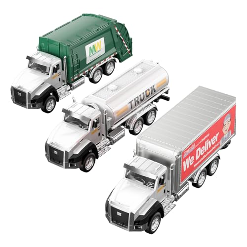 TEMI 3 Pack of Diecast City Transport Vehicles Garbage Tanker Express Delivery 150 Scale Metal Collectible Models With Opening Doors for Boys and Girls - Image 1