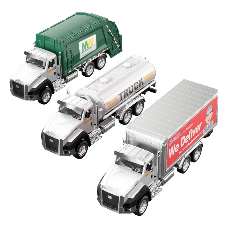 TEMI 3 Pack of Diecast City Transport Vehicles Garbage Tanker Express Delivery 150 Scale Metal Collectible Models With Opening Doors for Boys and Girls - Image 2