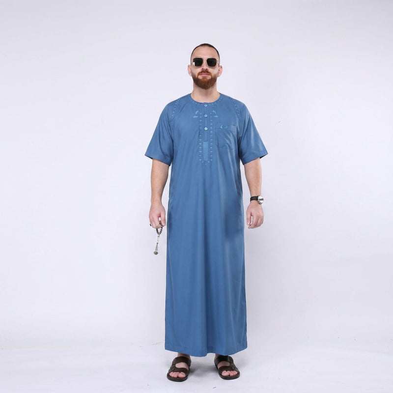 Men's Moroccan Embroidered Short Sleeve Round Neck Kurta - Image 1