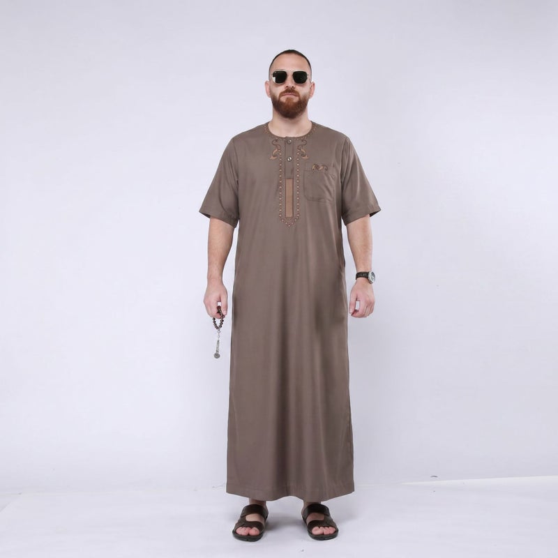 Men's Moroccan Embroidered Short Sleeve Round Neck Kurta - Image 5