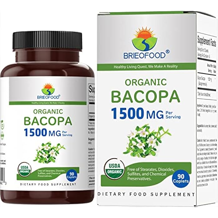Brieofood Organic Bacopa 1500mg, 45 Servings, Vegetarian, Gluten Free, 90 Vegetarian Tablets… - Image 1