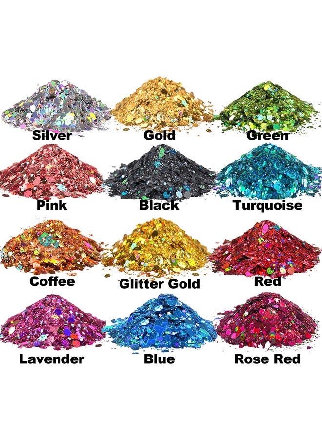 HEMOER Holographic Chunky Glitter, 12 Colors Sparkle Sequins, Cosmetic Craft Set for Epoxy Resin, Body, Face, Nail, Slime, Wedding Festival Party Decoration - 0.42oz Each Bottle - Image 2