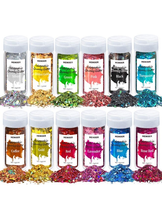 HEMOER Holographic Chunky Glitter, 12 Colors Sparkle Sequins, Cosmetic Craft Set for Epoxy Resin, Body, Face, Nail, Slime, Wedding Festival Party Decoration - 0.42oz Each Bottle - Image 1
