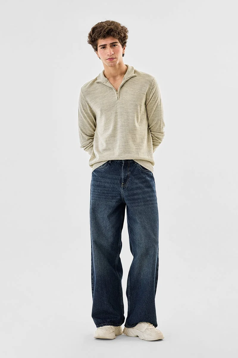 SNITCH Beige Half Zipper Luxe Sweater for Men | Best Price UAE