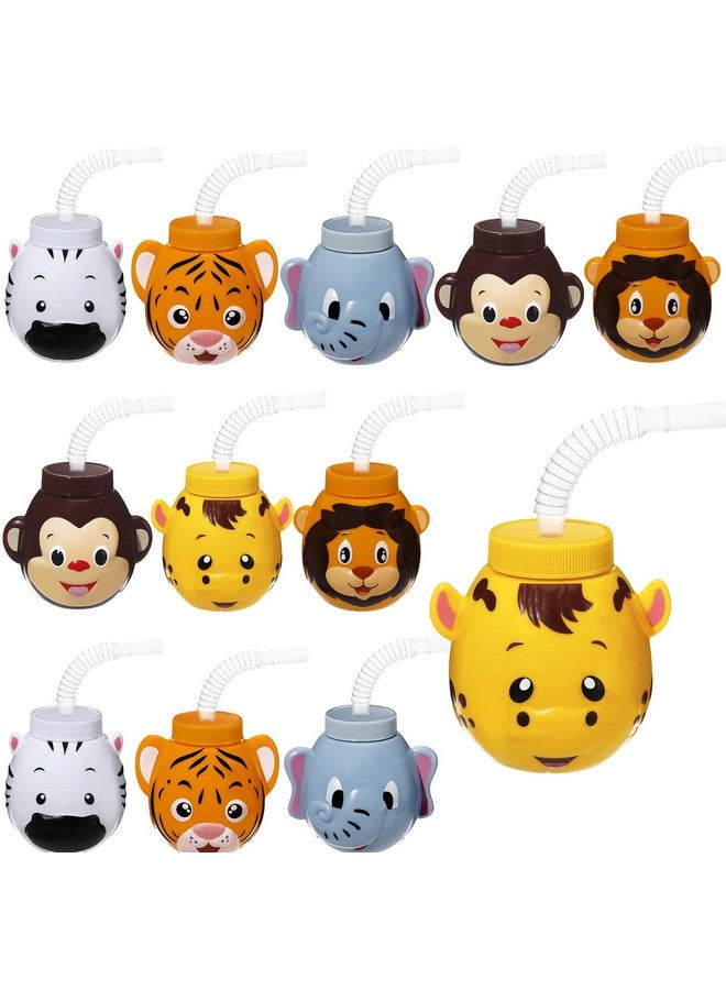 Hoolerry 12 Sets Zoo Animal Cups with Straws and Lids, 10 oz Plastic Reusable Safari Jungle Animal Theme Kids Cups for Safari Birthday Party Supplies - Image 1
