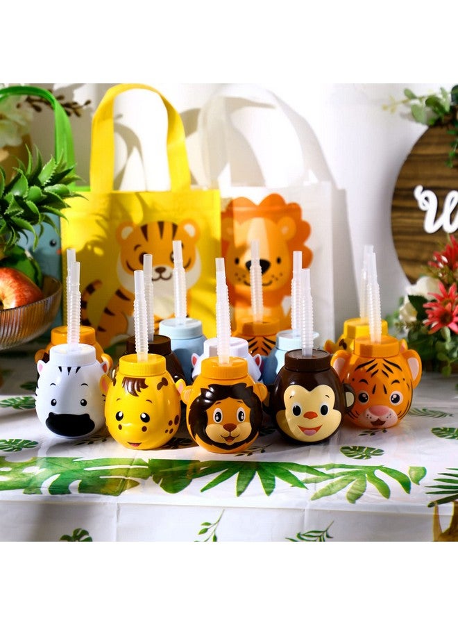 Hoolerry 12 Sets Zoo Animal Cups with Straws and Lids, 10 oz Plastic Reusable Safari Jungle Animal Theme Kids Cups for Safari Birthday Party Supplies - Image 4