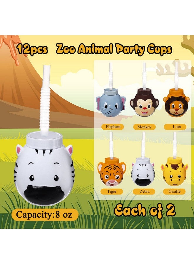 Hoolerry 12 Sets Zoo Animal Cups with Straws and Lids, 10 oz Plastic Reusable Safari Jungle Animal Theme Kids Cups for Safari Birthday Party Supplies - Image 2