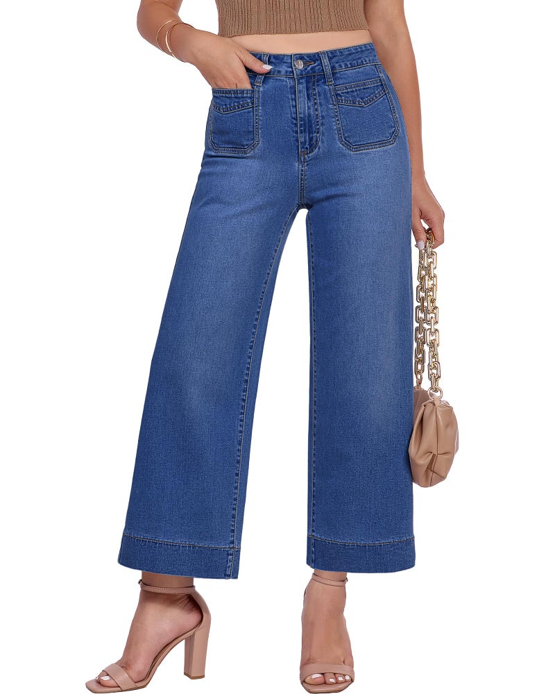 GRAPENT Wide Leg Jeans Woman Cropped for Women Short Women's Stretch Cute High Waisted Wide Leg Cropped Jeans, Classic Blue, M, US Size 8 to 10 - Image 1