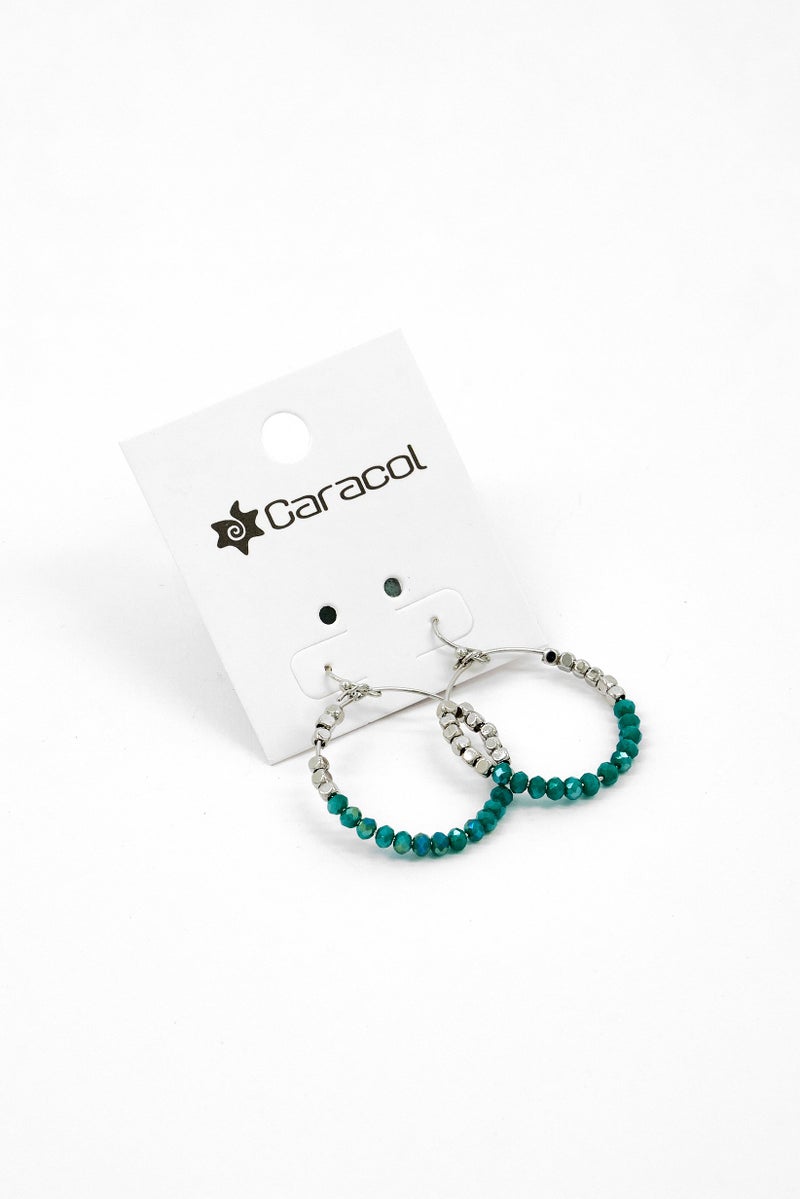 Caracol Women Beads Antiques Hoop Earings, Silver/Sage  - Image 1