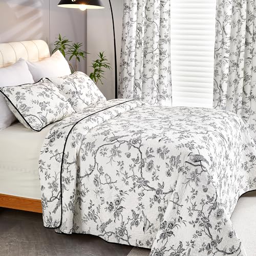EVENHUG 100% Cotton Quilt Queen Size Black Bird Bedding Set Double Printing Lightweight Quilt Reversible Coverlet Bedspread with Pillow Shams All Seasons 3 Pieces (92"x96") - Image 3