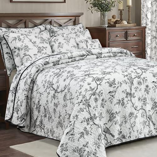 EVENHUG 100% Cotton Quilt Queen Size Black Bird Bedding Set Double Printing Lightweight Quilt Reversible Coverlet Bedspread with Pillow Shams All Seasons 3 Pieces (92"x96") - Image 1