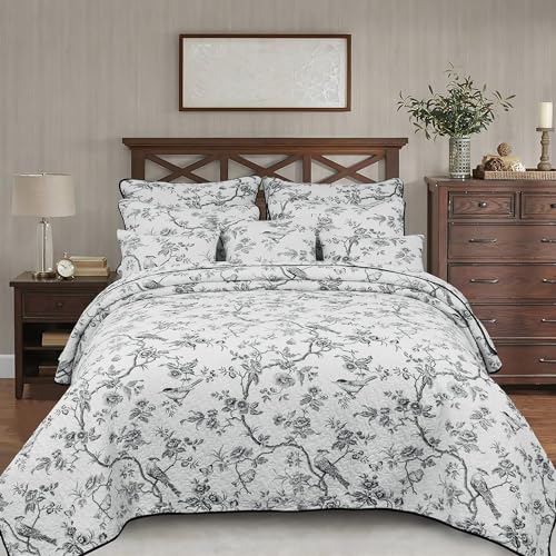 EVENHUG 100% Cotton Quilt Queen Size Black Bird Bedding Set Double Printing Lightweight Quilt Reversible Coverlet Bedspread with Pillow Shams All Seasons 3 Pieces (92"x96") - Image 2