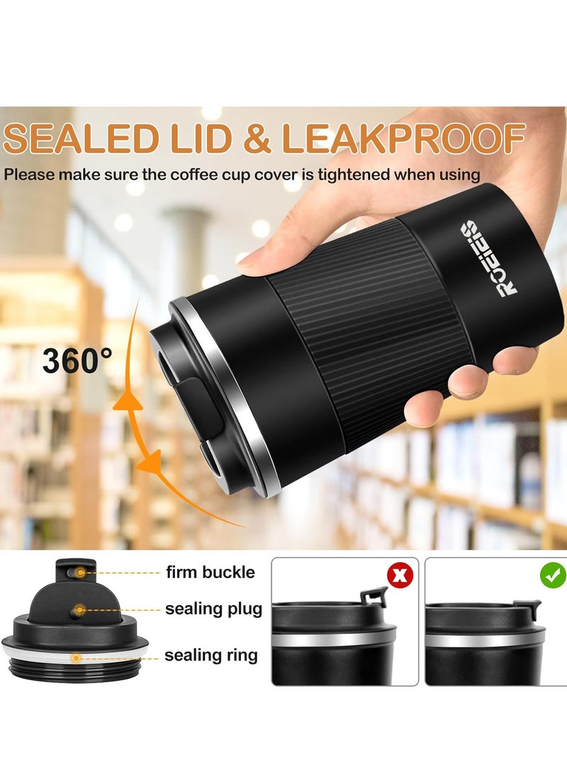 ROEIEIS Travel Mugs, Insulated Coffee Cup with Leakproof Lid - Reusable Coffee Cups Travel - Car Coffee Cup - Stainless Steel Coffee Mug for Hot and Cold Coffee Water and Tea (Black, 380 ml) - Image 2