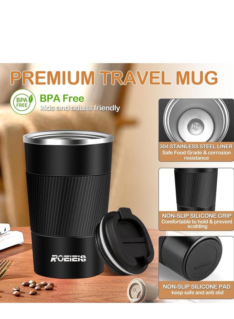 ROEIEIS Travel Mugs, Insulated Coffee Cup with Leakproof Lid - Reusable Coffee Cups Travel - Car Coffee Cup - Stainless Steel Coffee Mug for Hot and Cold Coffee Water and Tea (Black, 380 ml) - Image 4