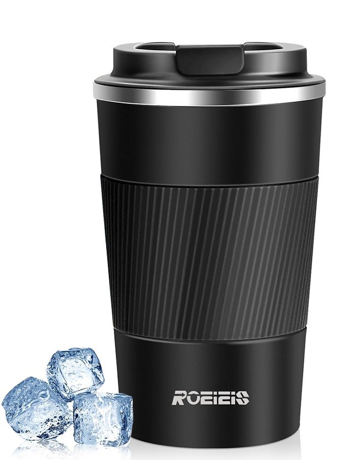 ROEIEIS Travel Mugs, Insulated Coffee Cup with Leakproof Lid - Reusable Coffee Cups Travel - Car Coffee Cup - Stainless Steel Coffee Mug for Hot and Cold Coffee Water and Tea (Black, 380 ml) - Image 1