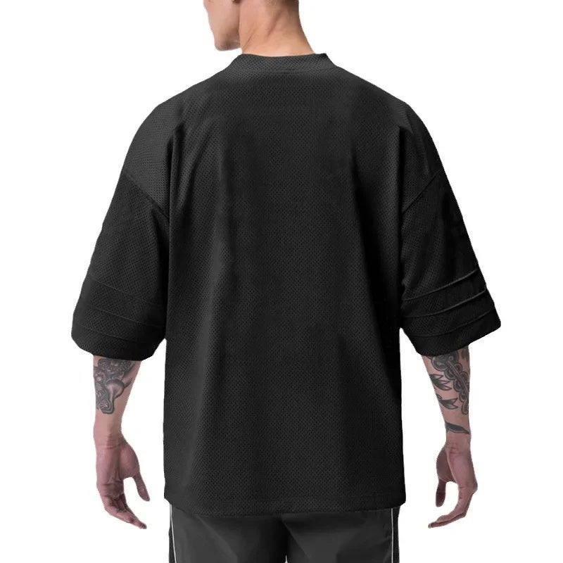 Fitness casual half sleeve half sleeve men''s loose plus size drop shoulder sleeve summer quick-drying mesh training clothes T-shirt - Image 5