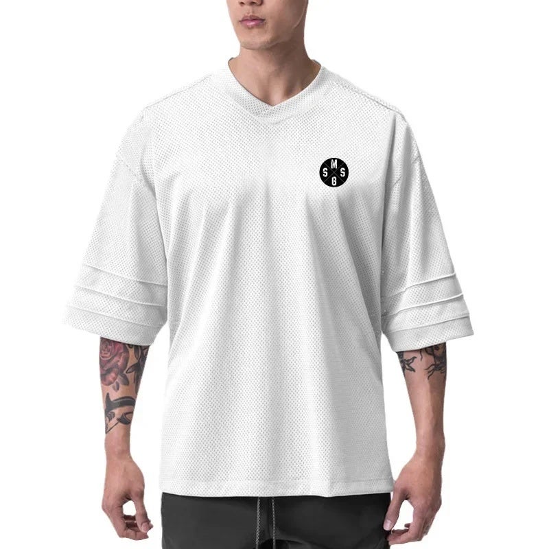 Fitness casual half sleeve half sleeve men''s loose plus size drop shoulder sleeve summer quick-drying mesh training clothes T-shirt - Image 4